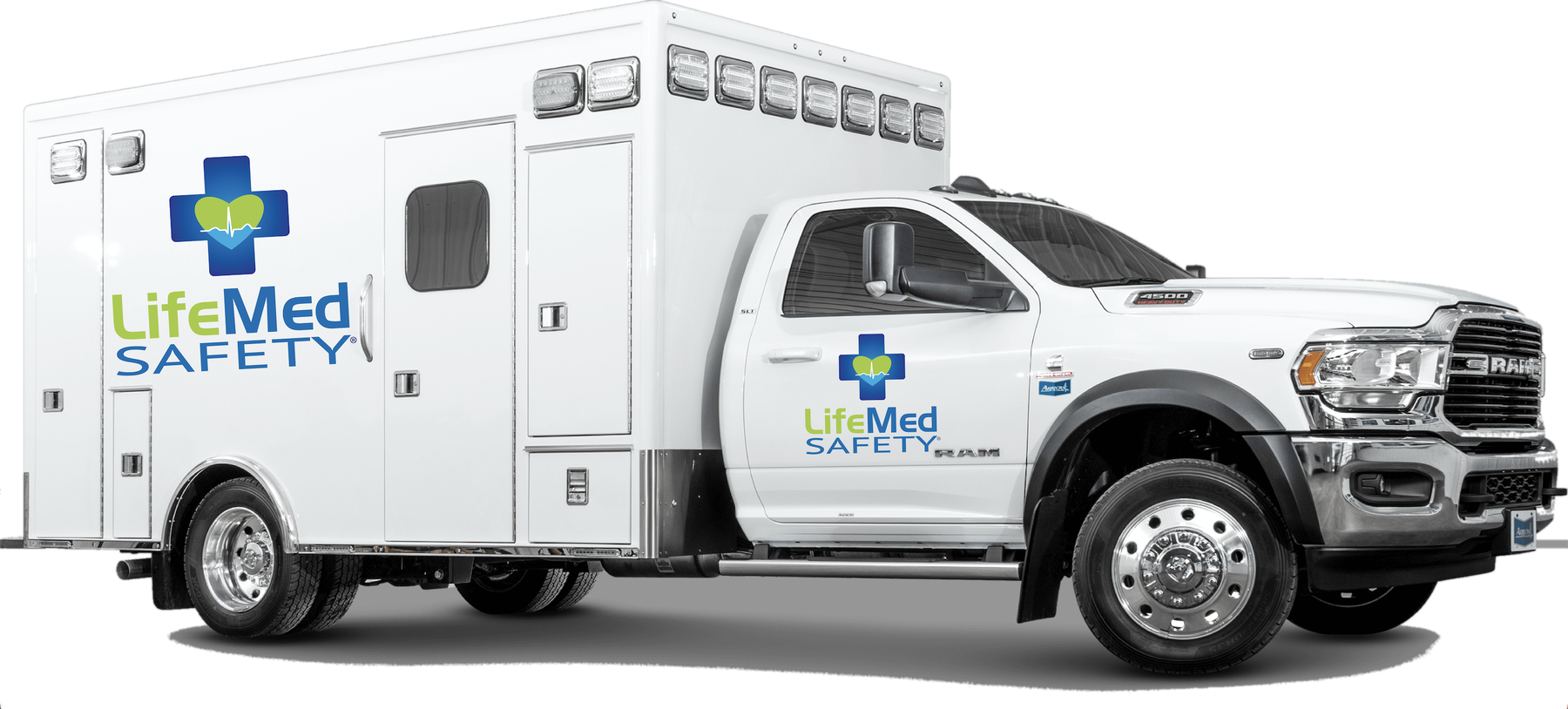 A LifeMed Safety–liveried RAM 4500 Type I ambulance, seen from the front three-quarter.